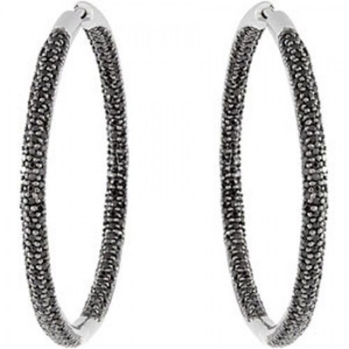 Black Spinel Hoop Earrings Sterling Silver - Round Shape