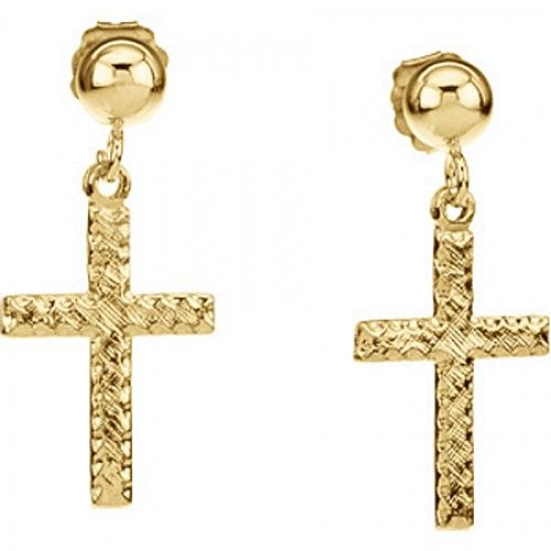 Cross Earrings - 14k Yellow Gold - 11 X 8 X 1