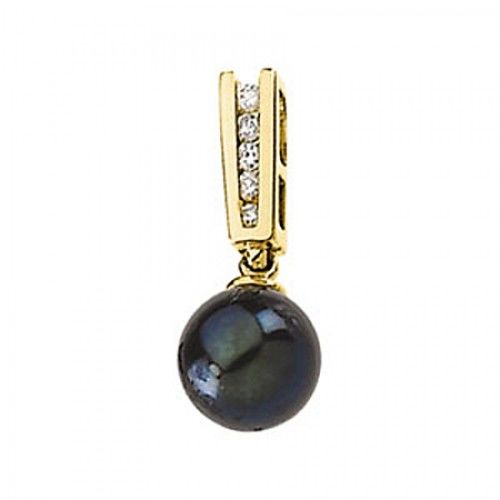 Black Pearl & Diamond Pendant - 7.50 Mm 14k Yellow Gold
