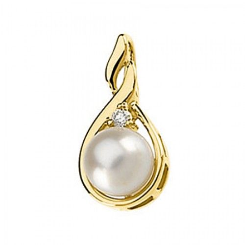 Cultured Pearl & Diamond Pendant - 7 Mm 14k Yellow Gold