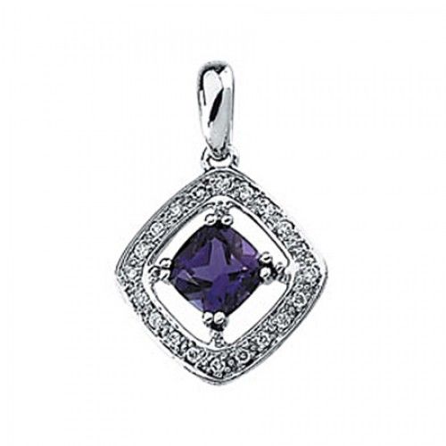 Amethyst & Diamond Pendant in White Gold - Cushion Cut