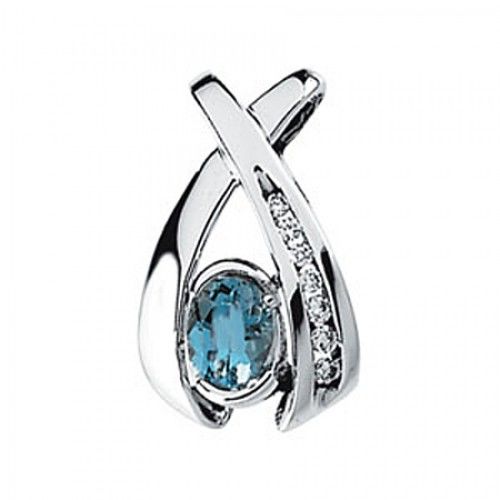 Aquamarine & Diamond Pendant 14k White Gold - Oval Cut