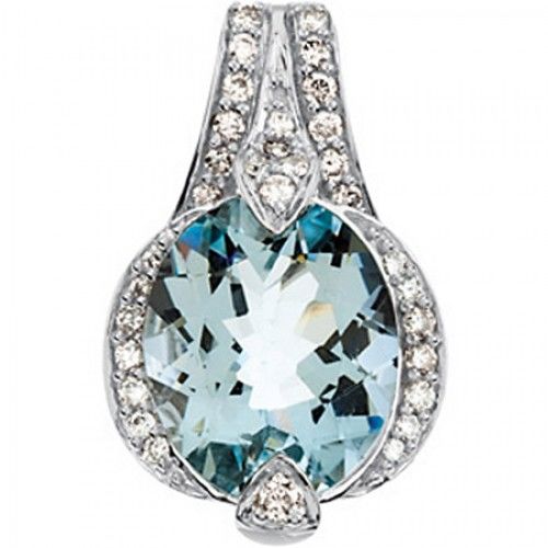 Aquamarine and Diamond Pendant 14k White Gold in Oval Cut