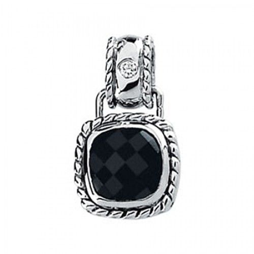 Onyx & Diamond Pendant - 14k White Gold - Cushion Cut