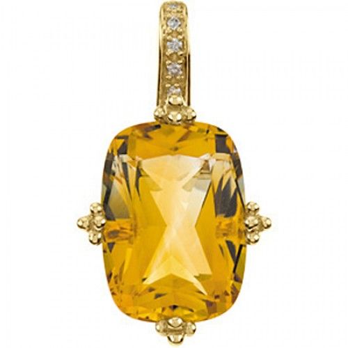 Citrine & Diamond Pendant - 14k Yellow Gold - Cushion