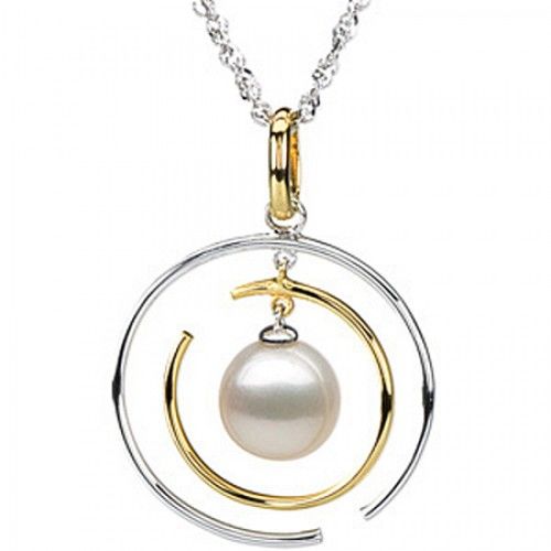 Pearl Pendant - 14k White & Yellow Gold - Round Shape