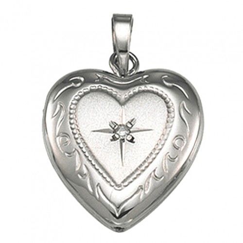 New Sterling Silver Heart Shaped Diamond Accented Locket - 19mm