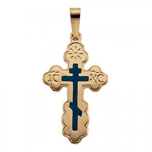 14k Yellow Gold Blue Orthodox Cross Pendant - 19 X 13mm