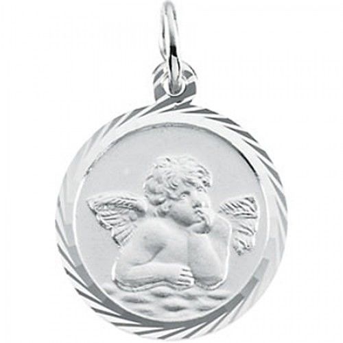 New 14k White Gold Round Angel Pendant Medal - 17mm