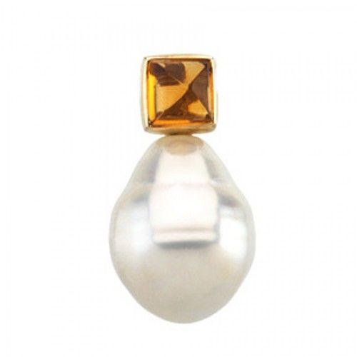 Tear Drop Cultured Pearl and Citrine Pendant 14k Yellow Gold - 12mm
