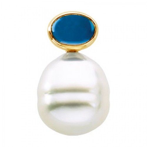 14k Yellow Gold 12mm Pearl & Oval London Blue Topaz Pendant