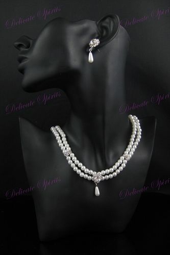 Revolving Love White Pearl Rhinestone Wedding Bridesmaids Necklace Earring Set