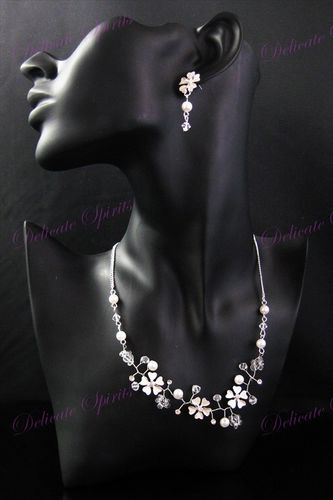 New Cherry Blossom Crystal Rhinestone Floral Bridal Wedding Necklace Earring Set