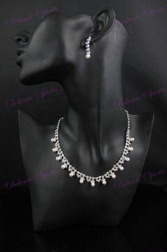 Duchesse White Pearl Rhinestone Wedding Prom Bridal Necklace Earring Party Set