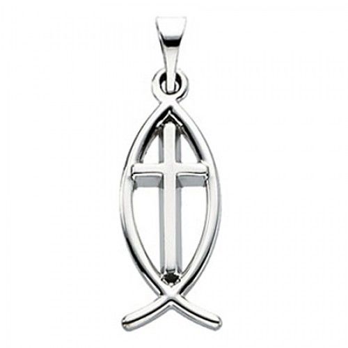 Sterling Silver Ichthys Fish and Cross Pendant - 14mm