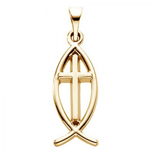 10k Yellow Gold Ichthys Fish and Cross Pendant - 19mm