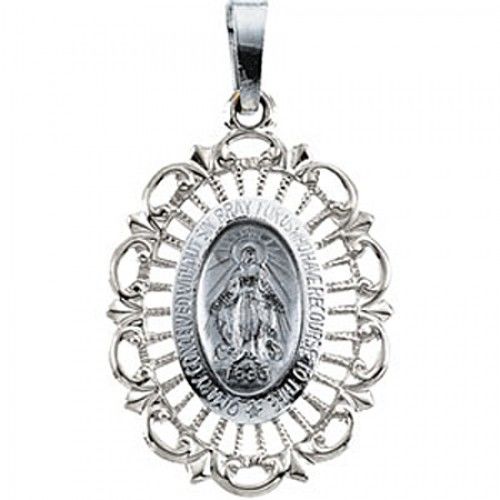 14k White Gold Miraculous Medal Pendant - 16 X 22mm