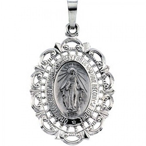 14k White Gold Miraculous Medal Pendant - 18 X 25mm