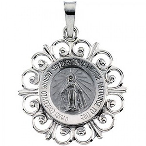 14k White Gold Miraculous Medal Pendant - 18 X 20mm