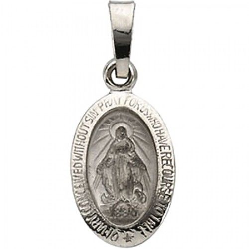 14k White Gold Miraculous Medal Pendant - 8 X 12mm