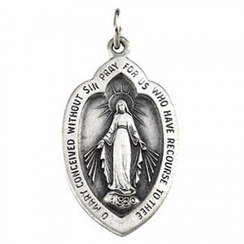 14k White Gold Miraculous Medal Pendant - 12 X 18mm