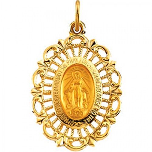 14k Yellow Gold Miraculous Medal Pendant - 16mm X 22mm