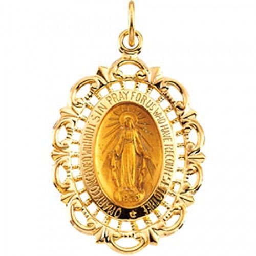 14k Yellow Gold Miraculous Medal Pendant - 18 X 25mm