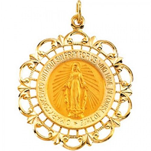 14k Yellow Gold Miraculous Medal Pendant - 27 X 31mm
