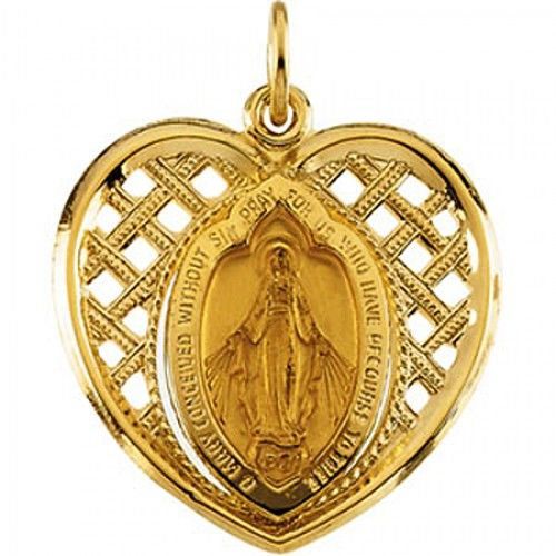14k Yellow Gold Miraculous Heart Medal Pendant - 21mm