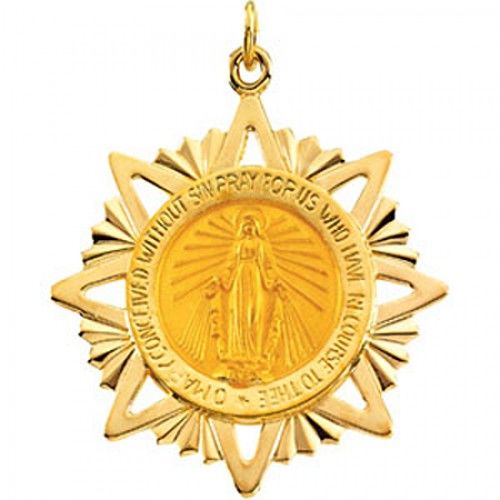 14k Yellow Gold Miraculous Medal Pendant - 29 X 32mm