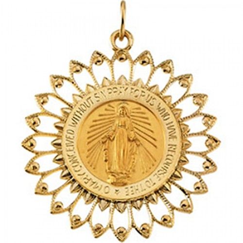 14k Yellow Gold Miraculous Medal Pendant - 30 X 33mm