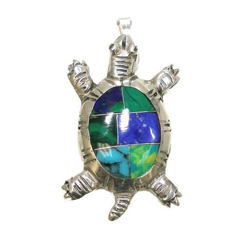 Inlaid Stone Turtle Silver Pendant