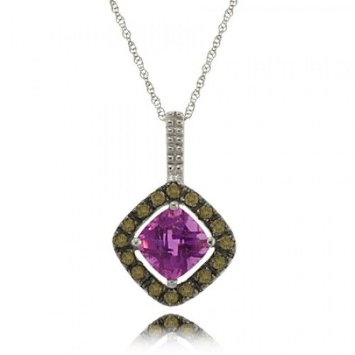 Amethyst Pendant Champagne Diamond Frame in White Gold