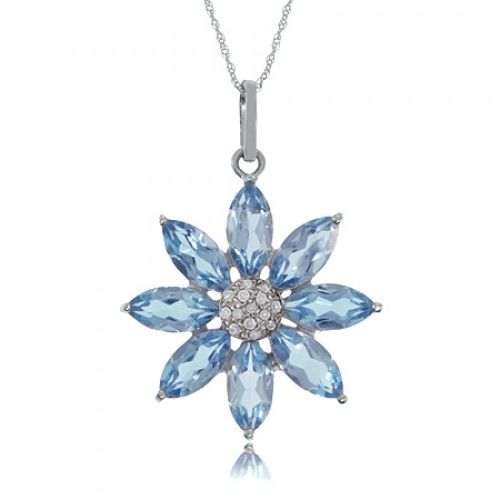 Aquamarine Flower Pendant 14k White Gold Diamonds New
