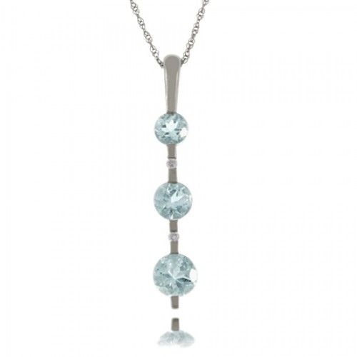 Aquamarine 3 Stone Pendant - 14k White Gold W/ Diamonds