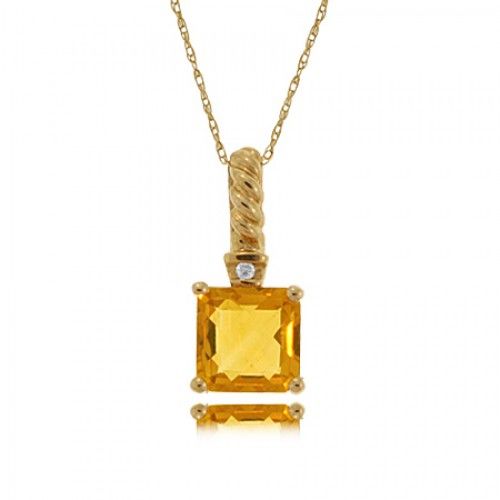 Citrine Pendant W/Diamond in Yellow Gold - Cushion Cut