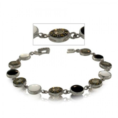 Onyx Silver Bracelet W/ Mother of Pearl Marcasite Links