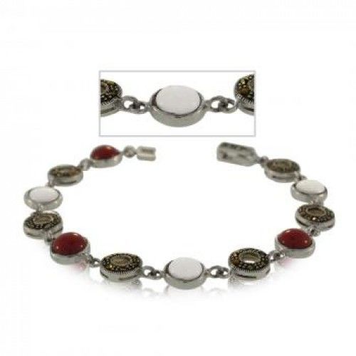 Mother of Pearl Bracelet Silver W/ Marcasite Red Agate