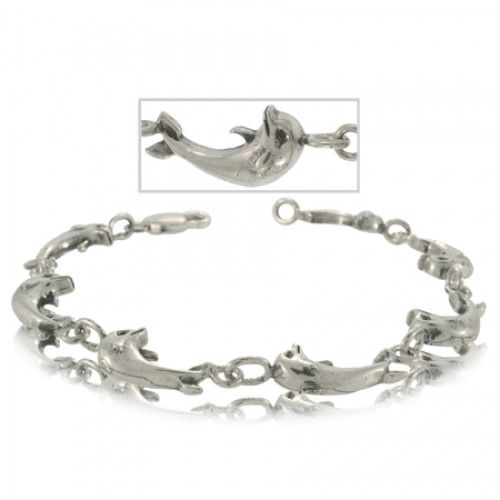 Dolphin Charm Bracelet Sterling Silver Fish & Oval Link