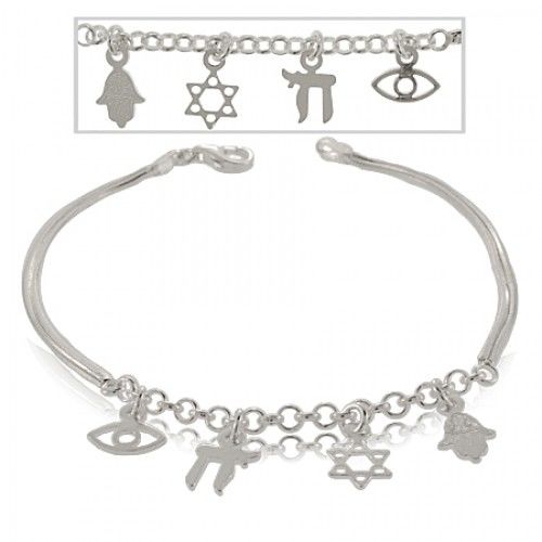 Sterling Silver Star of David Charm Bracelet W/ Chai & Hamsa New