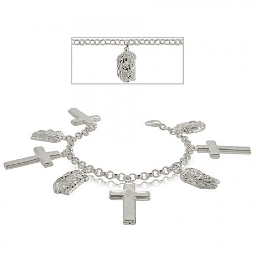 Sterling Silver Bracelet Cross & Jesus Crown of Thorns
