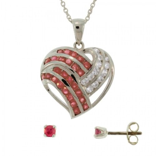 Ruby Heart Pendant W/ Studs Sterling Silver Cz Ladies