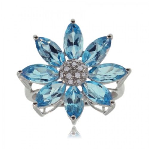 Blue Topaz Diamond Flower Ring 14k White Gold Spray