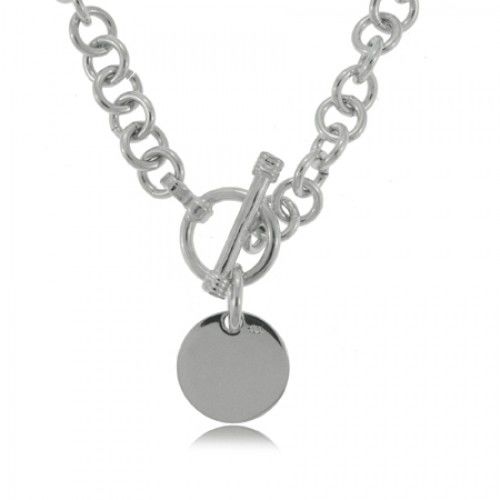 Sterling Silver Necklace Toggle Clasp Round Tag Charm