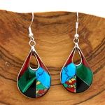 Open Silver Teardrop Diagonal Mosaic Stone Earrings