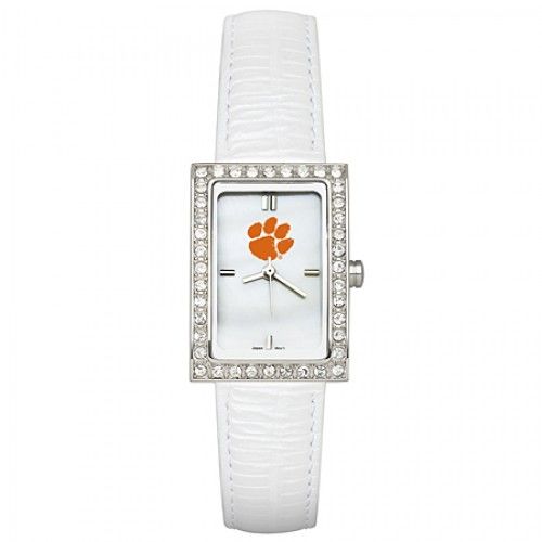 White Leather Clemson University Watch with Cz Frame