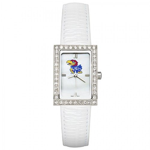White Leather University of Kansas Watch with Cz Frame