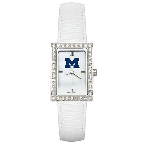 White Leather University of Michigan Watch W/ Cz Frame