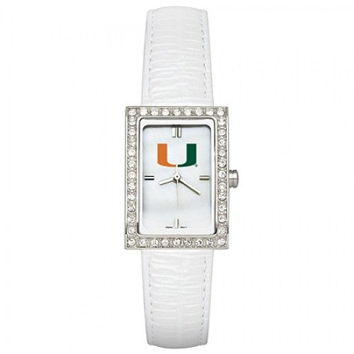 White Leather University of Miami Watch with Cz Frame