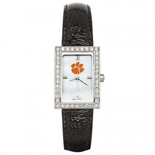 Black Leather Clemson University Watch with Cz Frame